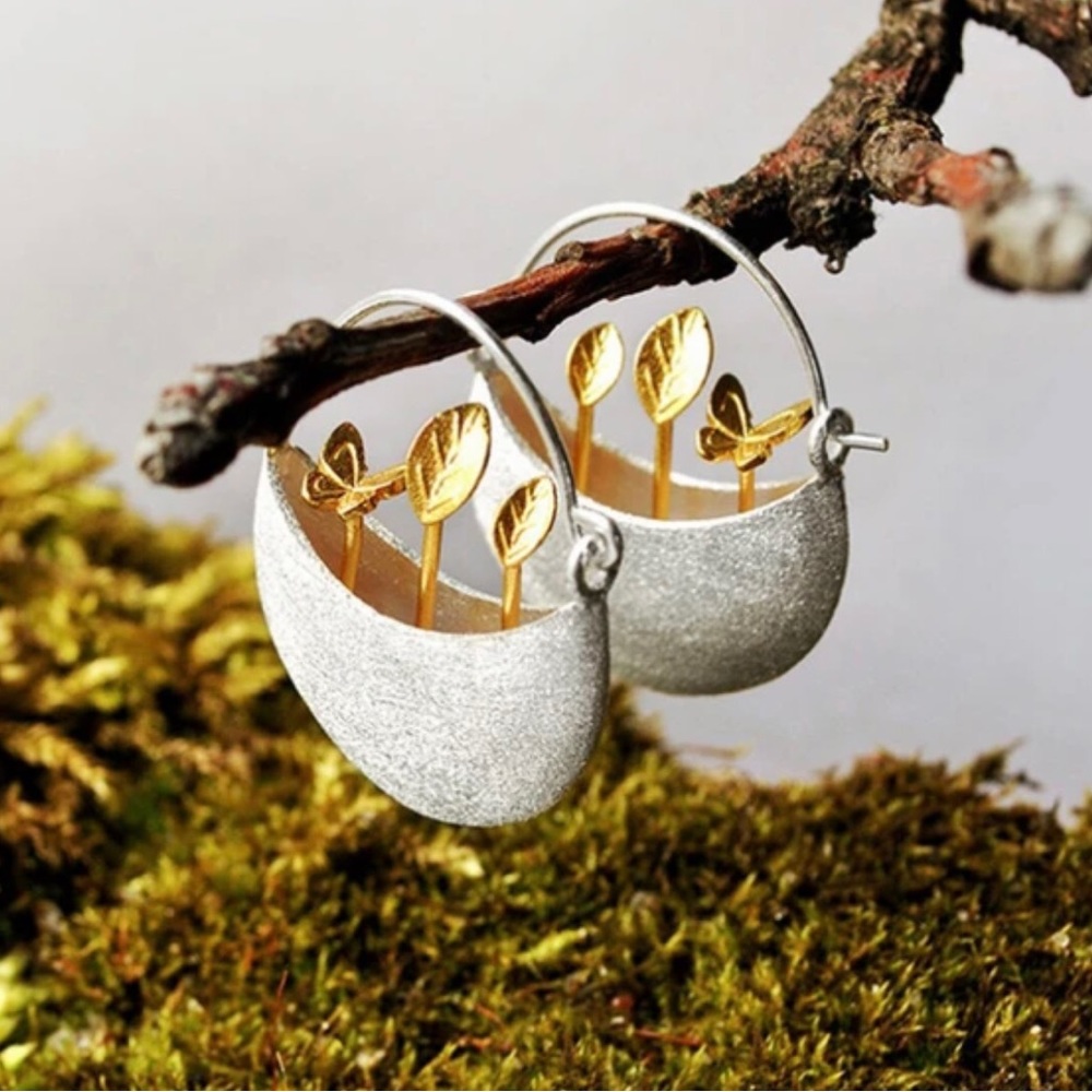 “Sprouts in a Basket” Seedling Butterfly Planter Botany Whimsy Two Tone 3D Hoops - Picture 3 of 11
